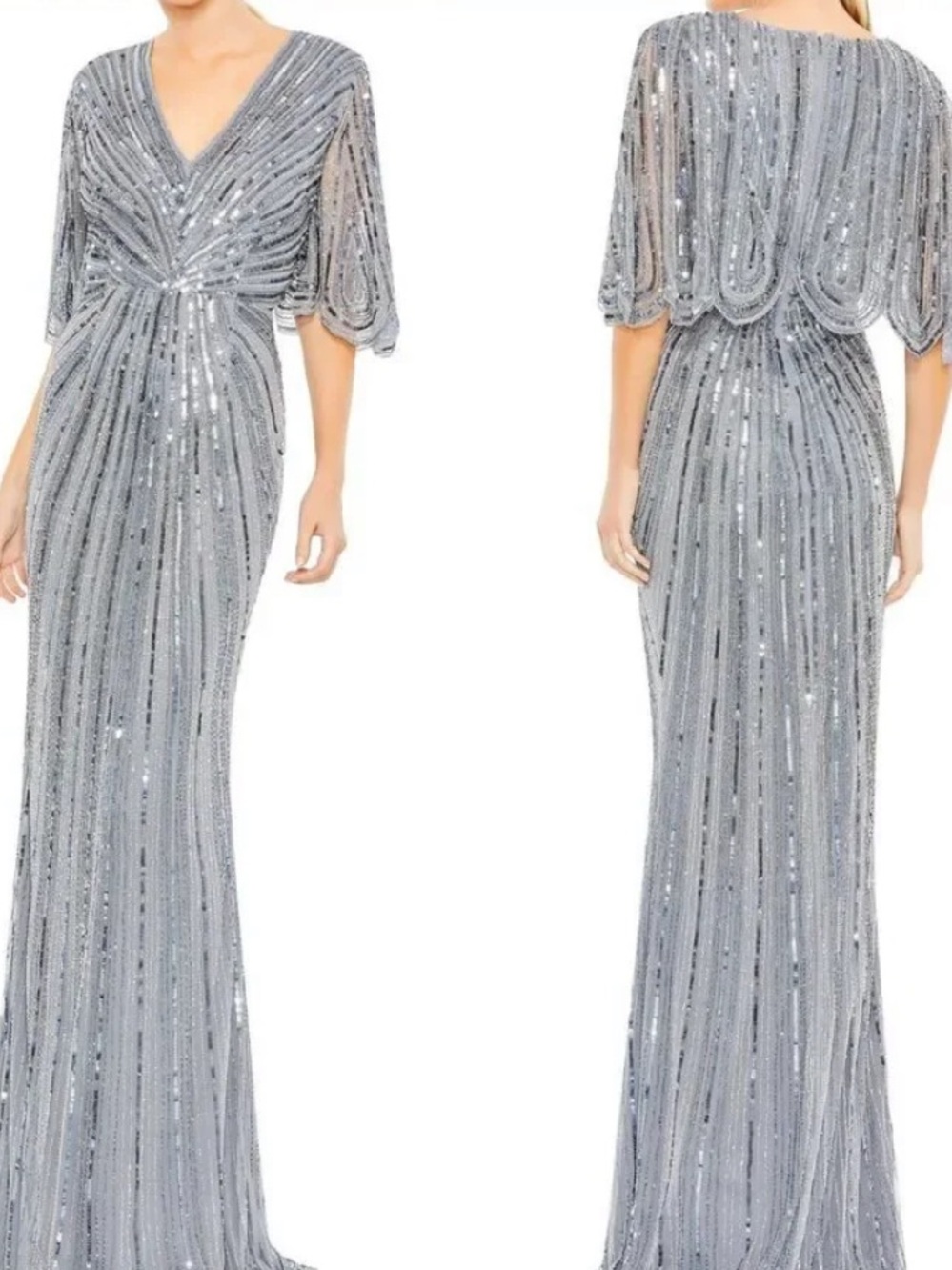 (B) NWT MAC DUGGAL Silver Sequin Caped V‑Neck Evening Gown #93583